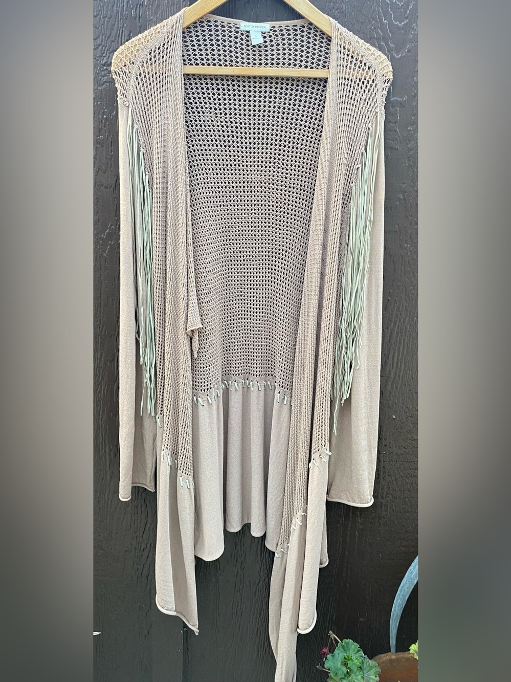 Boston Proper Taupe Open-Knit Fringe Cardigan with tan Trim cover